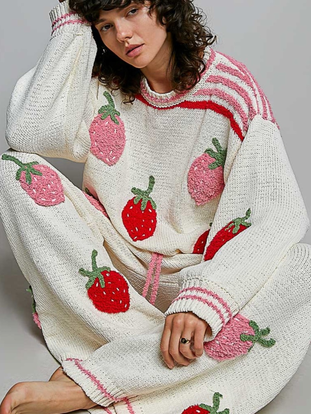 POL Strawberry Patch Chenille Round Neck Sweater top